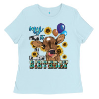 Baby Blue My first Birthday baby cow sunflower Ladies Tee - HowdyJamesFarm