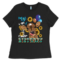 Black My first Birthday baby cow sunflower Ladies Tee - HowdyJamesFarm