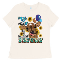 My First Birthday Baby Cow Sunflower Ladies Tee | Teevron