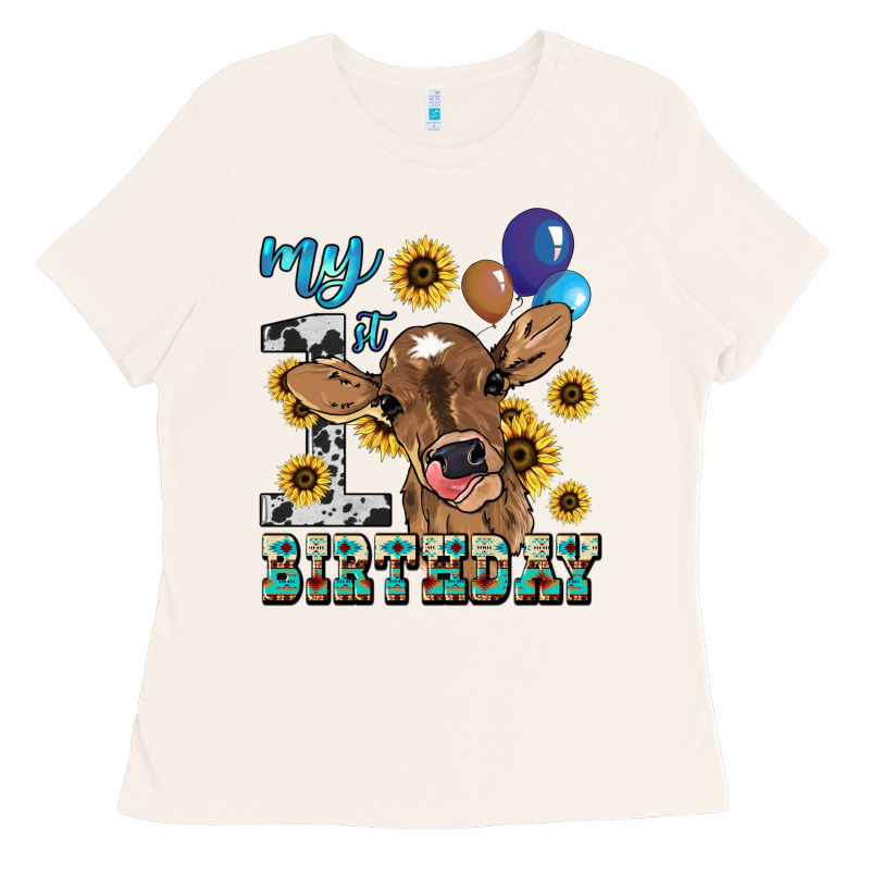 My First Birthday Baby Cow Sunflower Ladies Tee by HowdyJamesFarm | Teevron