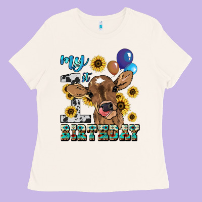 My First Birthday Baby Cow Sunflower Ladies Tee Designed By Howdyjamesfarm