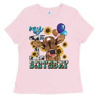 Bubblegum Pink My first Birthday baby cow sunflower Ladies Tee - HowdyJamesFarm