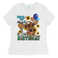 White My first Birthday baby cow sunflower Ladies Tee - HowdyJamesFarm