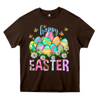 Chocolate Brown Happy Easter with eggs Easter Day Heavy Core Tee - HowdyJamesFarm