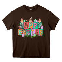 Chocolate Brown Happy Easter with plate letters Easter Day Heavy Core Tee - HowdyJamesFarm
