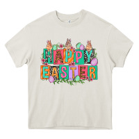 Cream Happy Easter with plate letters Easter Day Heavy Core Tee - HowdyJamesFarm