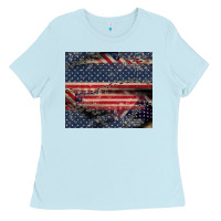 Baby Blue American flag stitches Ladies Tee - CowGirlArtShop