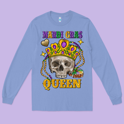 Skull Mardi Gras Queen Long Sleeve Tee Designed By Fadigitalartstudio