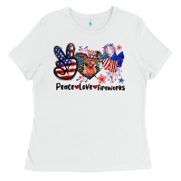White Peace love fireworks 4th of july Ladies Tee - CowGirlArtShop