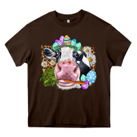 Chocolate Brown Happy Easter Cow with eggs Easter Day Heavy Core Tee - HowdyJamesFarm