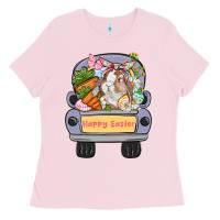 Bubblegum Pink Happy Easter bunny truck Easter Day Ladies Tee - CowGirlArtShop
