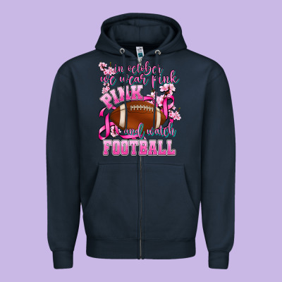 In October We Wear Pink And Watch Football Zipper Hoodie Designed By Adodesignshop