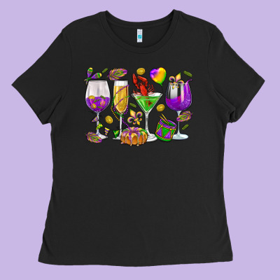Mardi Gras Wine Glasses Ladies Tee Designed By Howdyjamesfarm