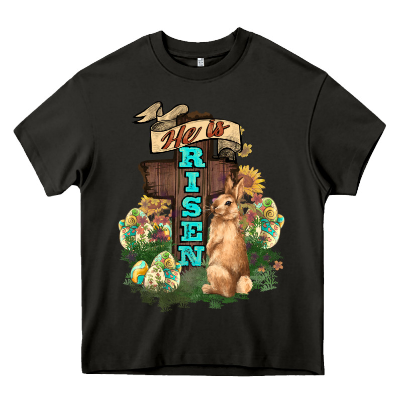 He Is Risen Bunny Cross Easter Day Heavy Core Tee by HowdyJamesFarm | Teevron