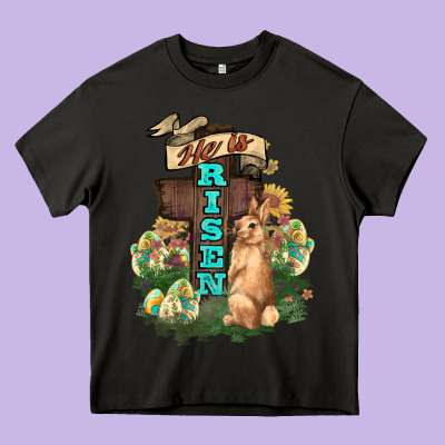 He Is Risen Bunny Cross Easter Day Heavy Core Tee Designed By Howdyjamesfarm