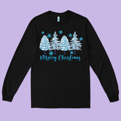 Merry Christmas Blue Trees Long Sleeve Tee Designed By Fadigitalartstudio