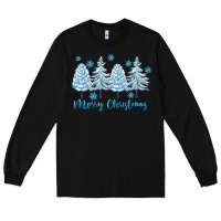 Black merry christmas blue trees Long Sleeve Tee - FaDigitalArtStudio