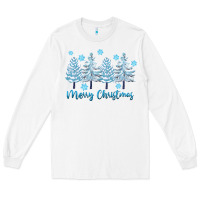 White merry christmas blue trees Long Sleeve Tee - FaDigitalArtStudio