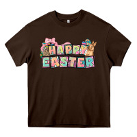 Chocolate Brown Happy Easter plate letters Easter Day Heavy Core Tee - HowdyJamesFarm