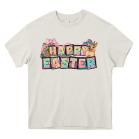 Cream Happy Easter plate letters Easter Day Heavy Core Tee - HowdyJamesFarm