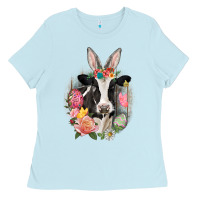 Baby Blue Happy Easter Cow Easter Day Ladies Tee - CowGirlArtShop