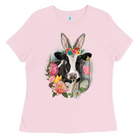 Bubblegum Pink Happy Easter Cow Easter Day Ladies Tee - CowGirlArtShop