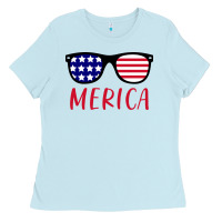 Baby Blue Merica Usa Flag Sunglasses 4th Of July Ladies Tee - artisFamous