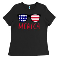 Merica Usa Flag Sunglasses 4th Of July Ladies Tee | Teevron