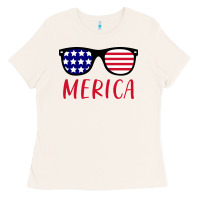 Bone Merica Usa Flag Sunglasses 4th Of July Ladies Tee - artisFamous