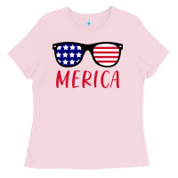 Bubblegum Pink Merica Usa Flag Sunglasses 4th Of July Ladies Tee - artisFamous