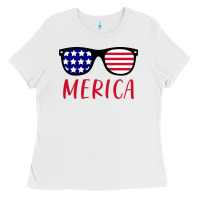 White Merica Usa Flag Sunglasses 4th Of July Ladies Tee - artisFamous