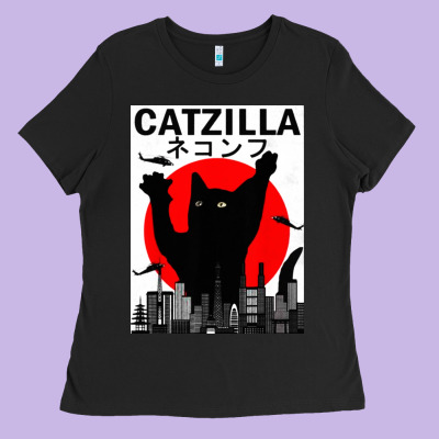 Vintage Catzilla Japanese Sunset Style Ladies Tee Designed By Artisfamous