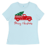 Baby Blue vintage red truck with christmas Ladies Tee - artisFamous