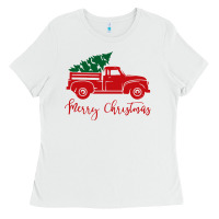 White vintage red truck with christmas Ladies Tee - artisFamous
