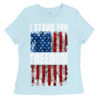 Baby Blue I STAND FOR FREEDOM WITH A DISTRESSED AMERICAN FLAG Ladies Tee - artisFamous