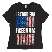 Black I STAND FOR FREEDOM WITH A DISTRESSED AMERICAN FLAG Ladies Tee - artisFamous