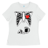 White dad skeleton halloween beer pizza Ladies Tee - artisFamous