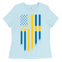 Baby Blue Sweden Swedish Roots American Flag | Canadian Roots Ladies Tee - artisFamous