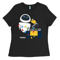 Black wall e eve christmas light wrap graphic t shirt Ladies Tee - artisFamous