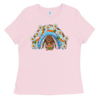 Bubblegum Pink Easter Bunny with carrot rainbow Easter Day Ladies Tee - HowdyJamesFarm