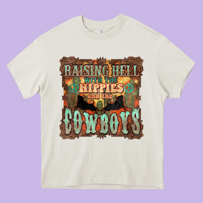 Raising Hell With The Hippies And The Cowboys Heavy Core Tee Designed By Howdyjamesfarm