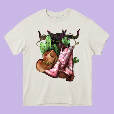 Cowgirl Boots Hat Horns Cactus Heavy Core Tee Designed By Howdyjamesfarm