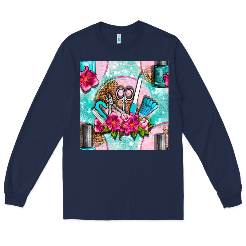 Nail Tools And Polish With Flowers And Tooled Leather Seamless Pattern Long Sleeve Tee by BundleAndBundleShop | Teevron