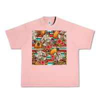 Salmon western cow with hay and flowers seamless pattern Urban Heavy Tee - FaDigitalArtStudio