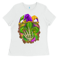 White Mardi Gras with skeleton hand Ladies Tee - HowdyJamesFarm
