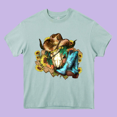 Cow Skull Cowboy Boots Hats Sunflowers Heavy Core Tee Designed By Howdyjamesfarm