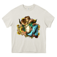 Cream Cow skull Cowboy boots hats sunflowers Heavy Core Tee - HowdyJamesFarm