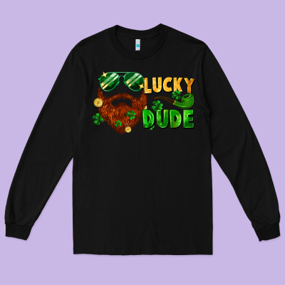 Lucky Dude Saint Patrick's Bearded Man Long Sleeve Tee Designed By Fadigitalartstudio