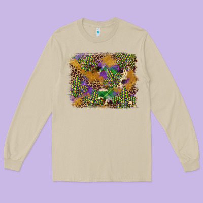 Mardi Gras Plaid Purple Glitter Cowhide  Leopard Long Sleeve Tee Designed By Fadigitalartstudio