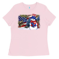 Bubblegum Pink Patriotic snowman background 4th of july Ladies Tee - HowdyJamesFarm